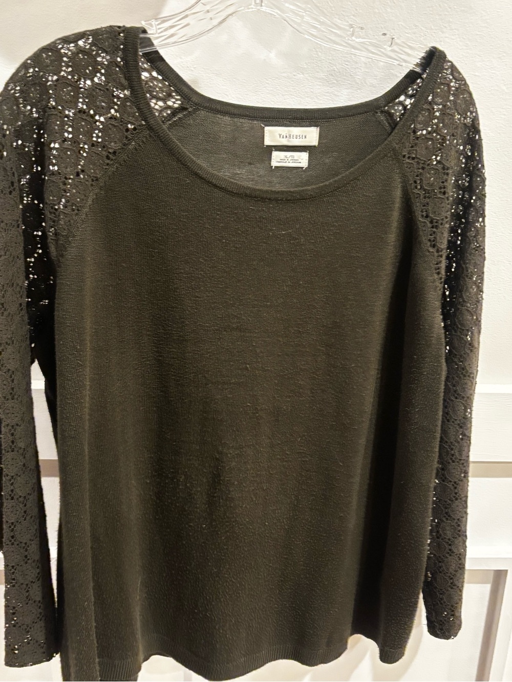 Van Heusen Sweater Women green Knit Lace Crochet Raglan sleeve Stretch